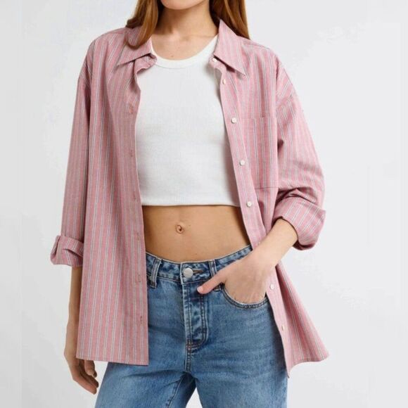 NWT Rumored - S, M  Ex-Boyfriend Button Up I Pink Nantucket Stripe - Picture 2 of 8